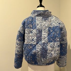 Warm, quilted, blue paisley, zip up, bomber jacket silhouette. With pockets OBO